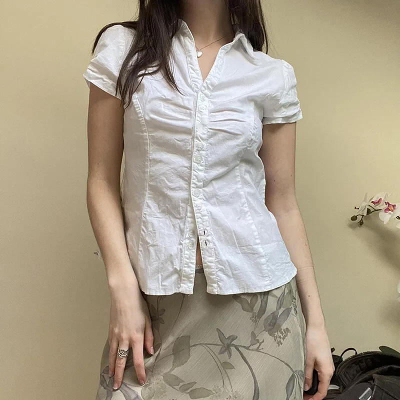 

Pleated Casual Cotton White Shirt Women 2023 Summer Back Lace-up Short Sleeve Blouse Woman Slim Fashion Elegant Tops Mujer 27985