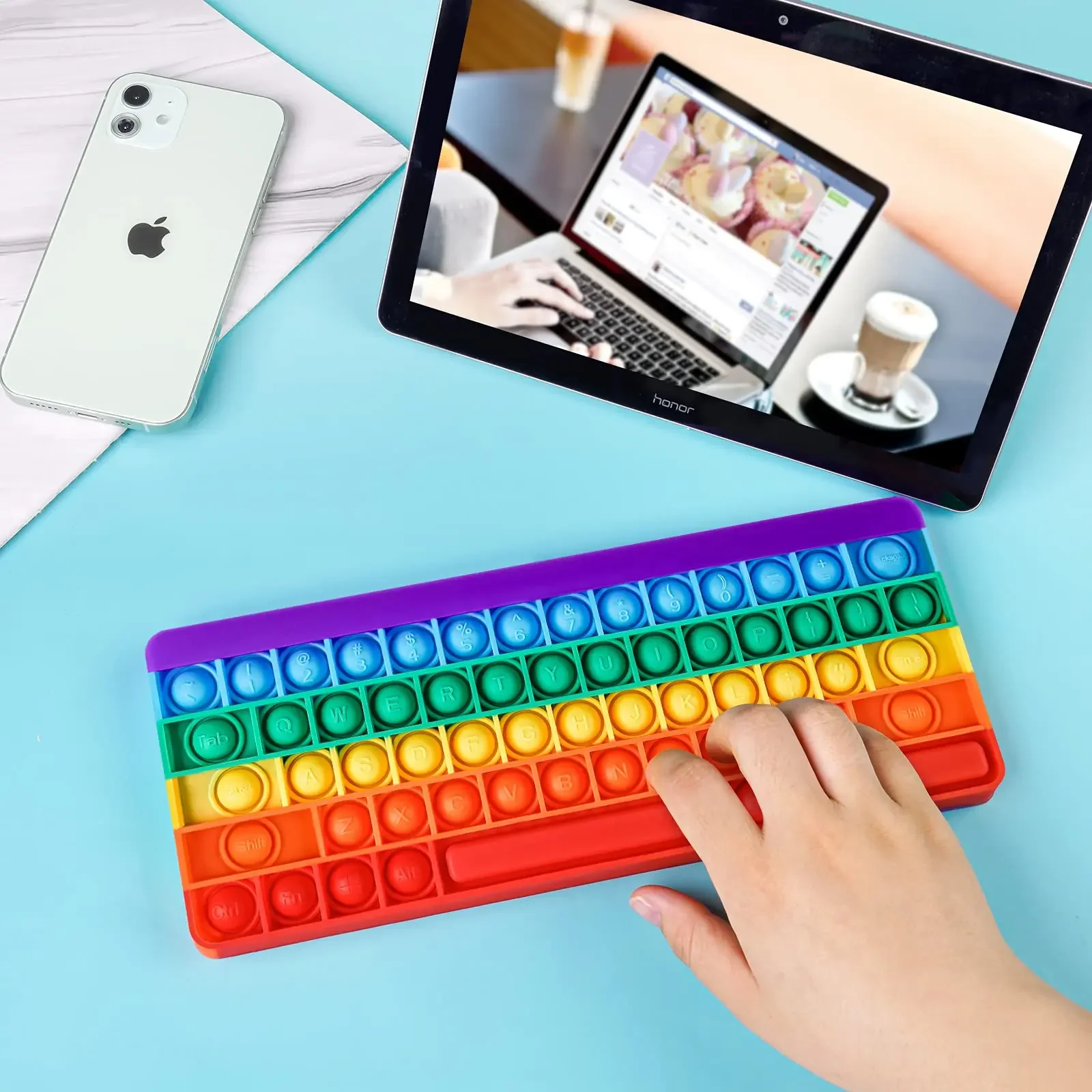 Keyboard Push Bubble Fidget Sensory Toys Rainbow Popping Silicone Game Toy Anxiety &amp Stress Reliever Autism for Kids and Adu