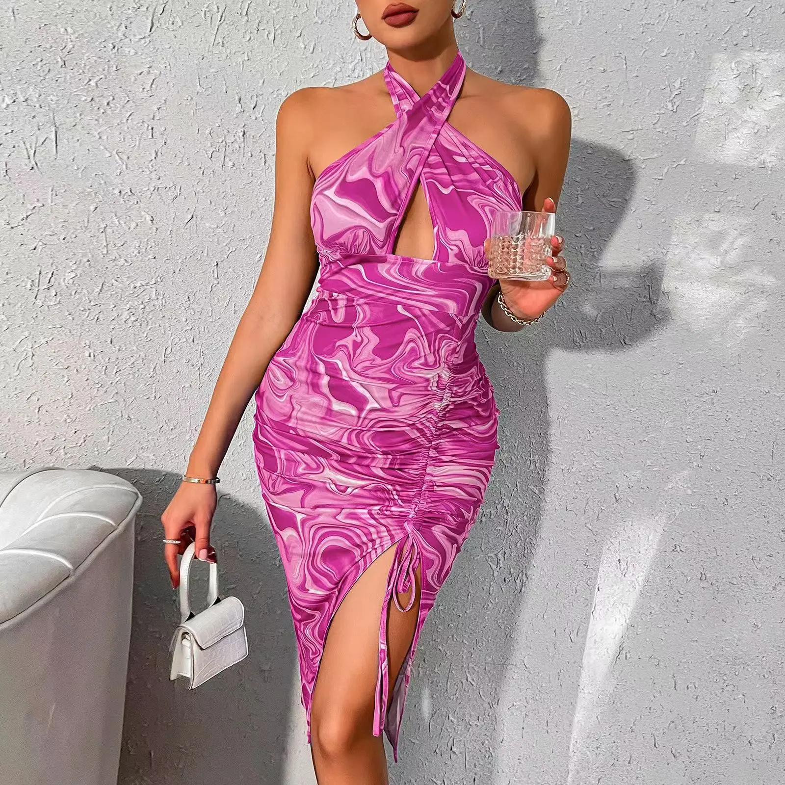 

2023 European and American Summer Ripple Printing Drawstring Sexy Split Backless Neck Casual Elegant Women Dress