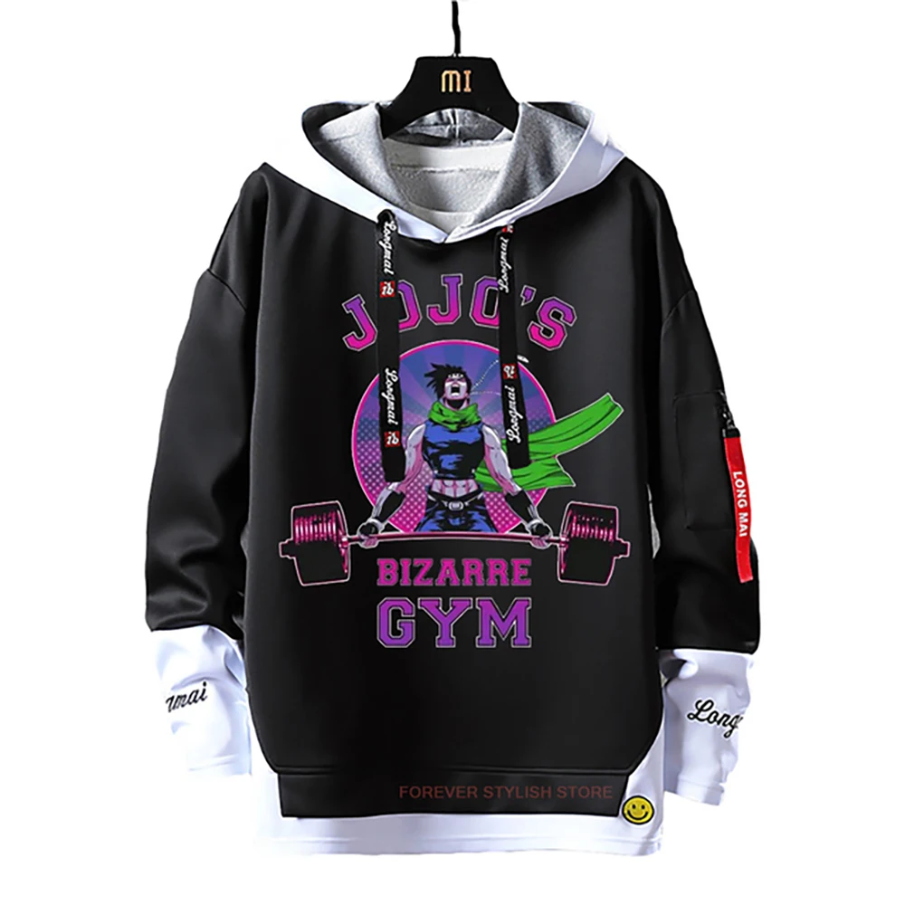 

Anime JoJo's Bizarre Adventure Sweatshirts JoJo Fake Two Piece Hoodies Black Ribbons Letter Print Sweatshirt Hooded Hoodie