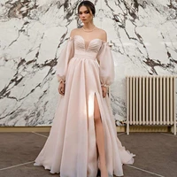 sexy pink off the shoulder prom dresses womens side slit evening gowns 2022 long sleeves organza party gowns with court train
