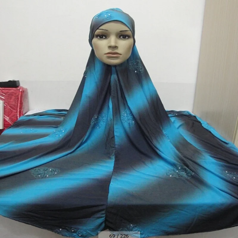 

Fashion Plus Large Size Muslim Prayer Garment Smooth Crystal Hemp Prayer Hijab Cap Women Press Floral Diamonds Khimar Niqab