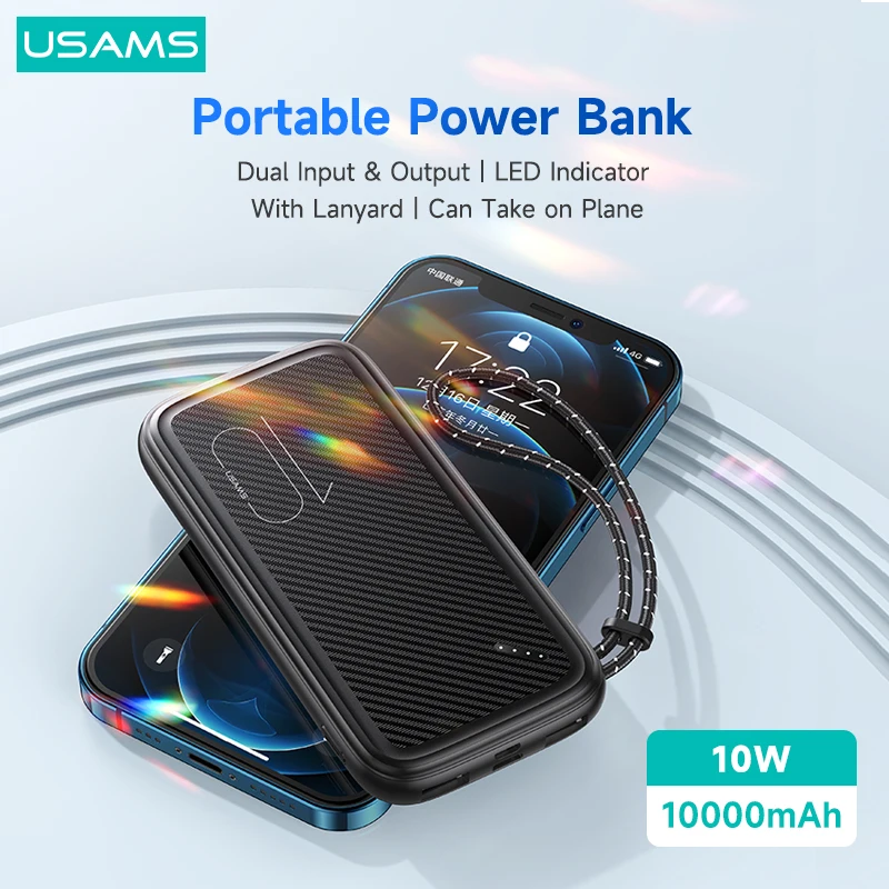 

USAMS 10W Mini Power Bank 10000mAh Dual USB Powerbank With Lanyard Portable External Battery For iPhone Xiaomi Huawei Phone
