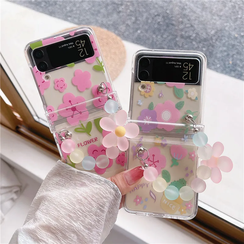 Cute Flower Painting Phone Case For Samsung Galaxy Z Flip 4 3 Cover Fashion Crossbody Colorful Bead Chain Cases For Z Flip3 5G