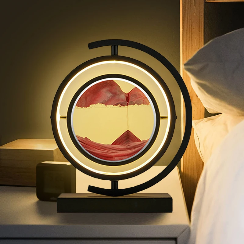 

LED Quicksand Art Bedside Table Lamp Bedroom Night Light Round Sand Painting Scene Dynamic Glass Hourglass Table Lamp Home Decor