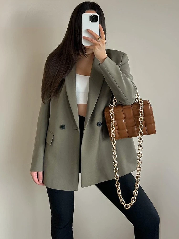 2023 Women Double Breasted Blazer Office Lady Loose Classic Coat Suit Jacket Female Chic Outwear Outfits Veste Femme