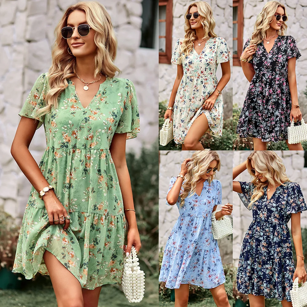

Msfilia Fashion Floral Dress Women Spring Autumn V Neck Short Sleeve Loose Chic Printed Dresses