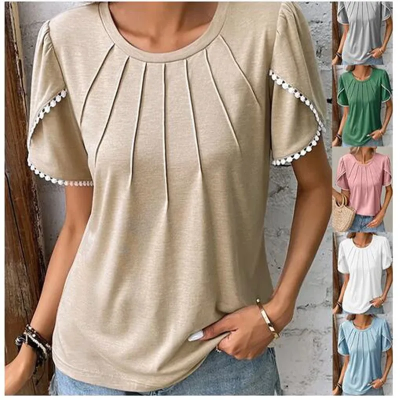 

Women's Fashion Lace Short Sleeve T-Shirt Tops Summer Solid Color Round Neck Oversized Casual Shirts Female