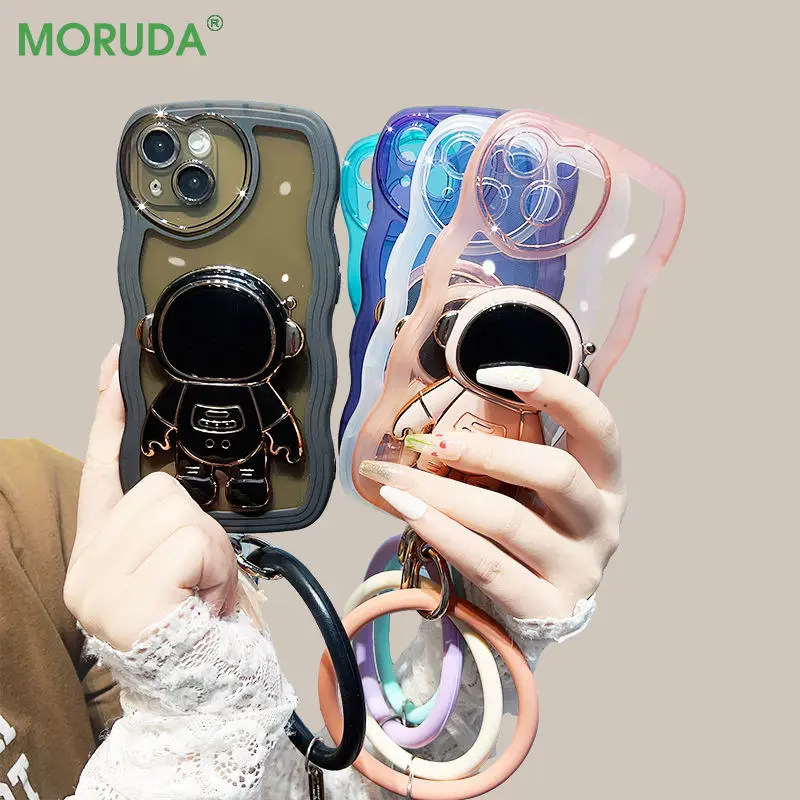 

Astronaut Folding Stand Case for iPhone 13 12 11 Pro Xs Max 7 8 Plus XR X SE 2 Wave Pattern Heart Lens Wristband Silicone Cover