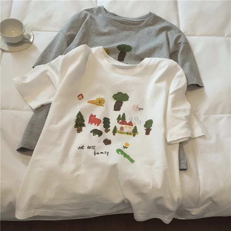 

2022 Women Summer O-Neck White T Shirts Short Sleeve High Quality Women Cartoon Print Tees Cotton Loose Style Women Clothes