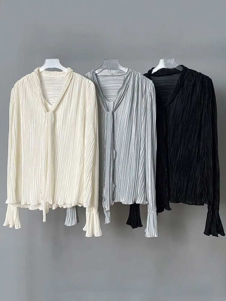 Женская плиссированная блузка с длинным рукавом и завязками