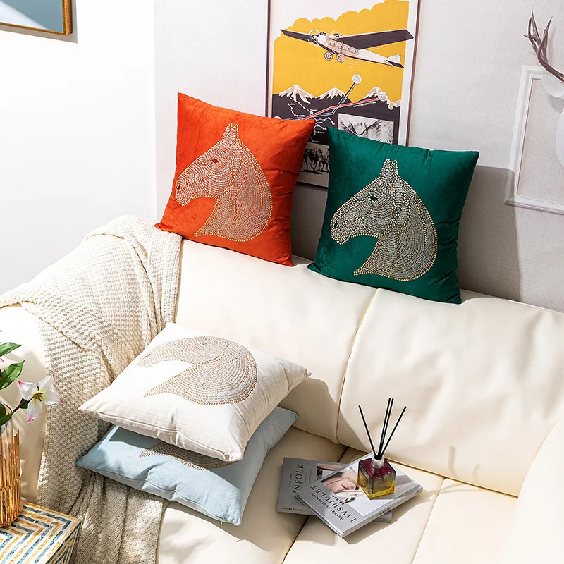 High Quality Rhinestone Velvet Cushion Cover 45x45/50x50cm Decorative Pillow Living Room Soft Luxury Horse Case |