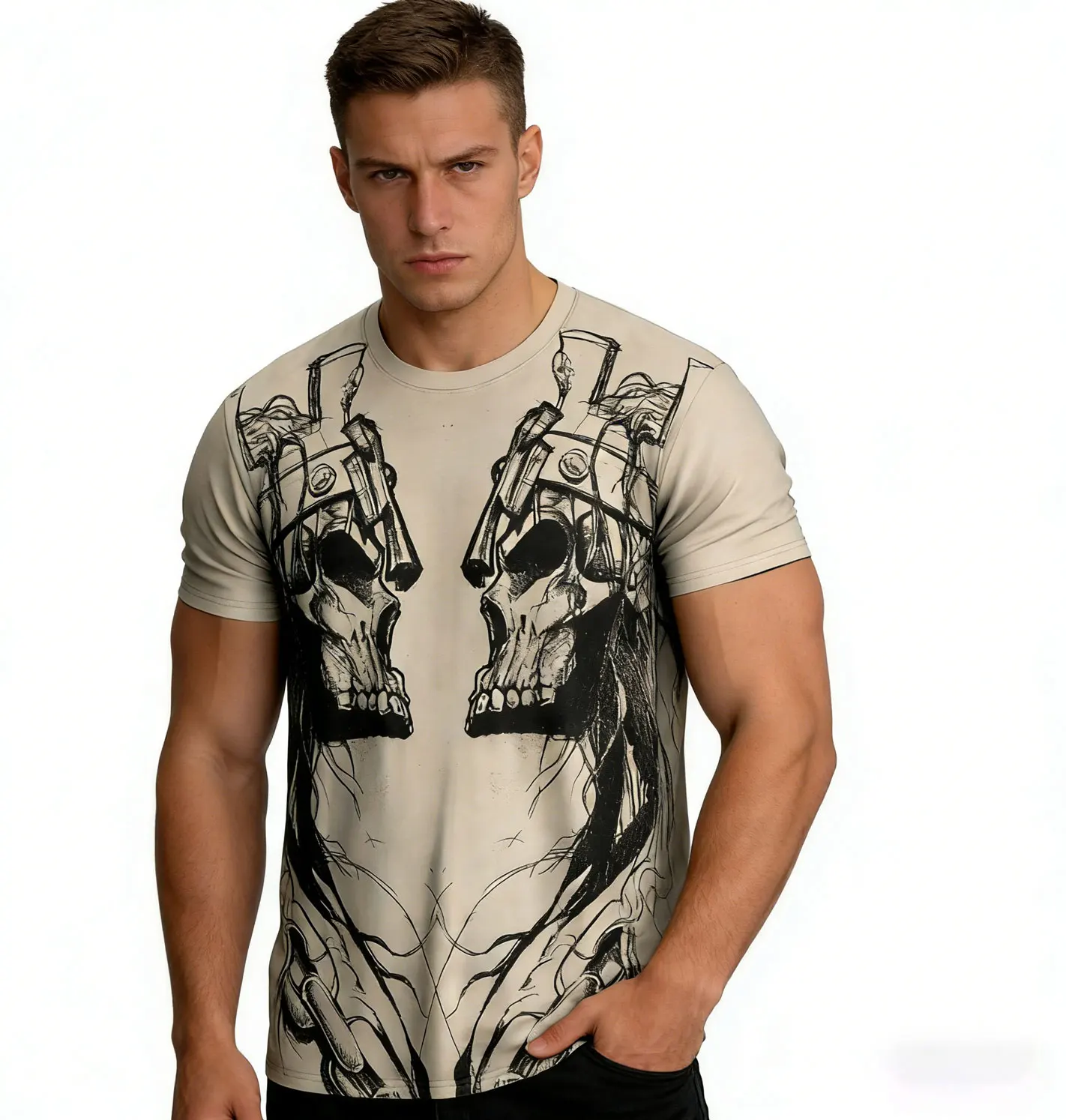 Фото Мужская футболка Tan Triple H Skull King Mirror, простая и модная, в стиле хип-хоп, свободного кроя, дышащая, подходит для занятий спортом на открытом воздухе №2