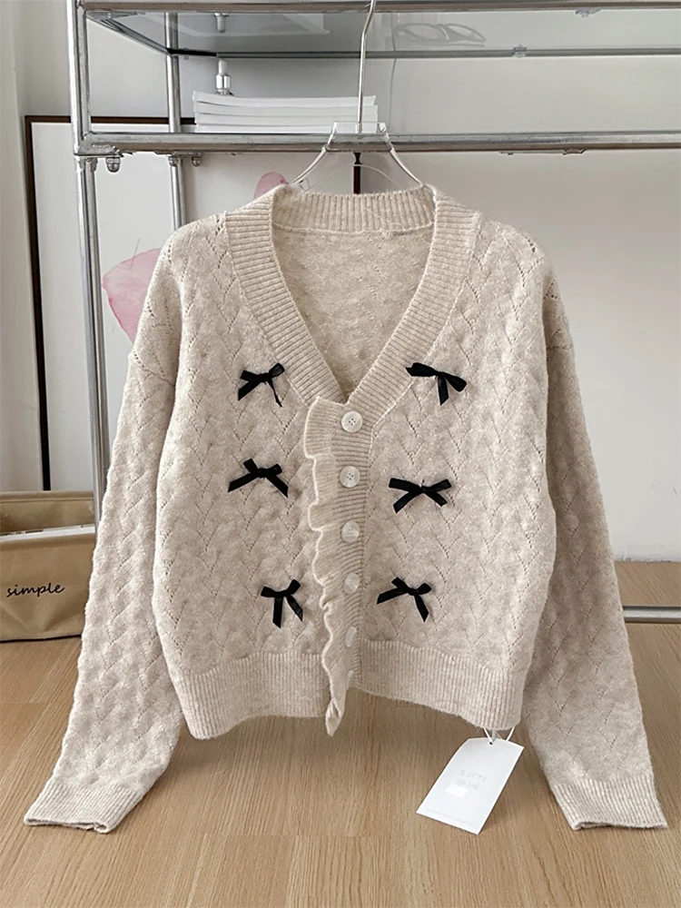 Женский трикотажный кардиган с бантом длинным рукавом и V-образным вырезом