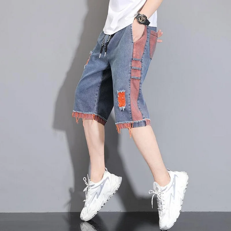 Summer thin Ripped Jeans Men's Slim Beggar Denim  Pants Calf-Length Pants Patchwork Jeans