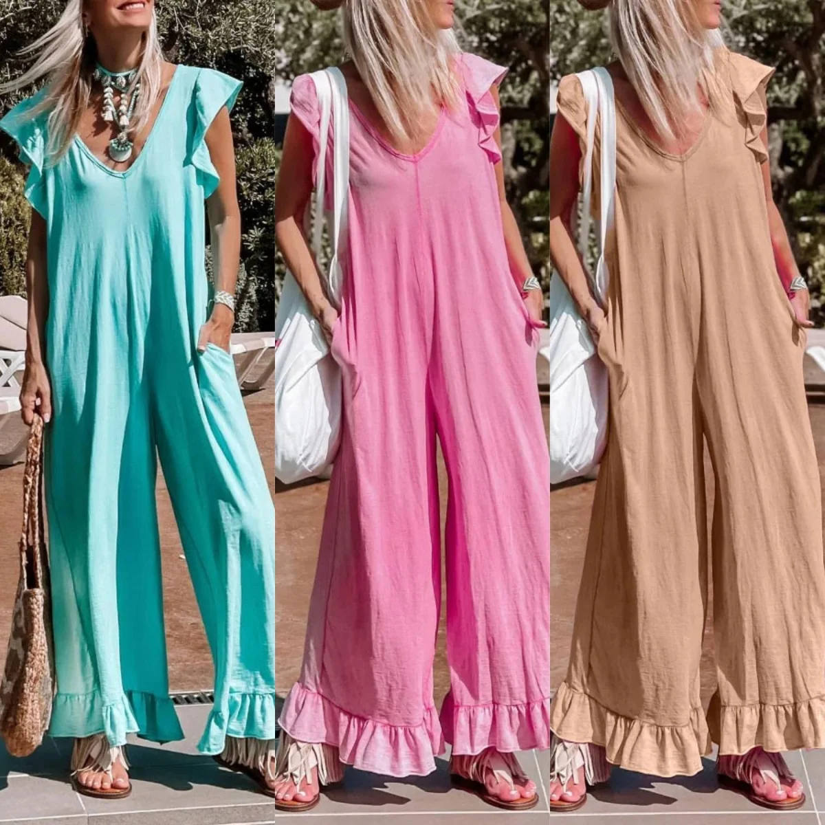 

Summer Vintage Beach Jumpsuit 2023 Women's Casual V-Neck Pocket Long Loose Jumpsuit Spring Fashion Solid Color Ruffle Jumpsuit
