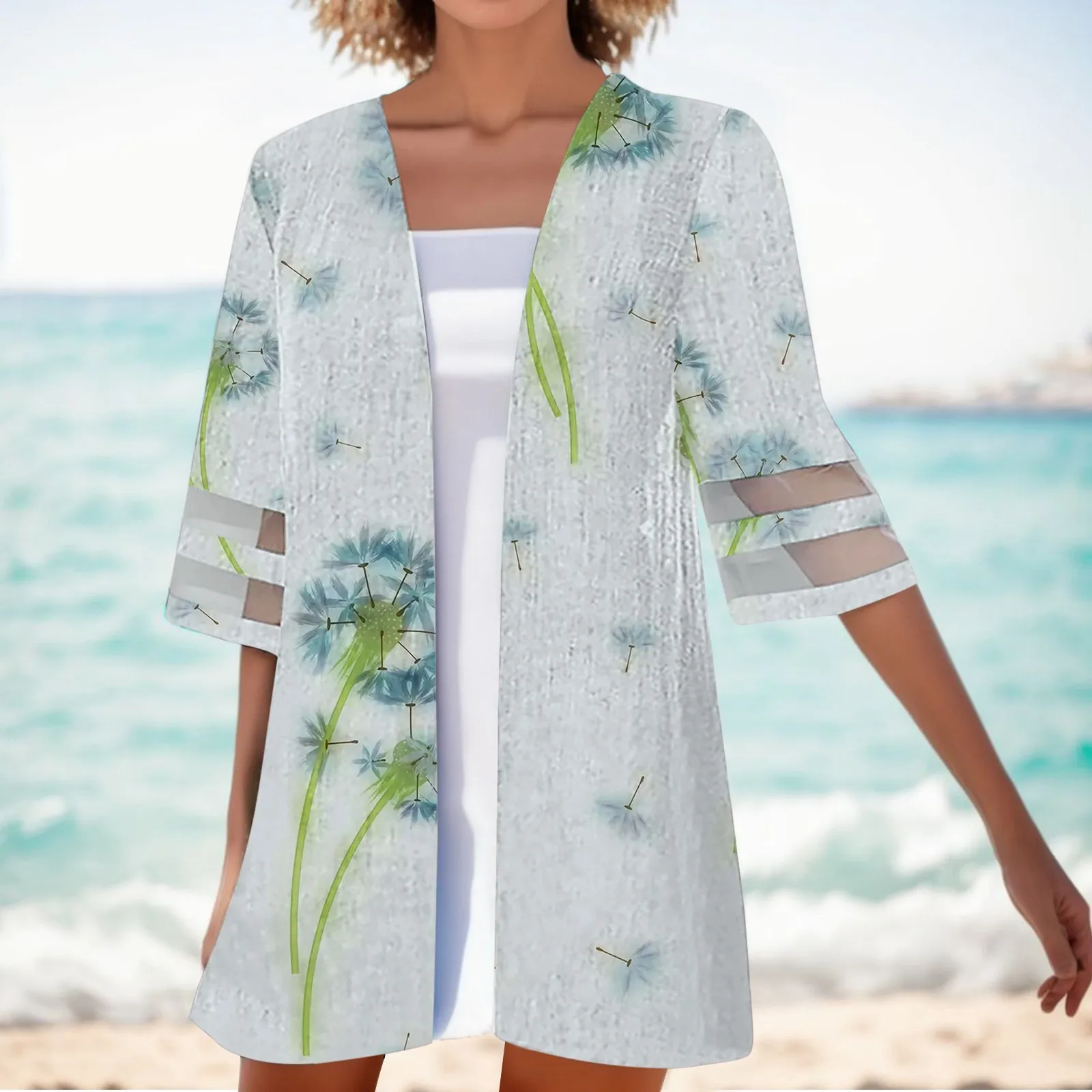 

Ms Printing Seven Leisure Loose Sleeves Lace Cardigan Coat V Neck Cotton Cardigan