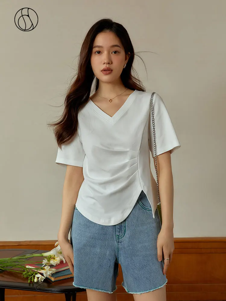 

DUSHU Office Lady Irregular V-neck Pleated Shoulder Black T-shirt For Women's Summer 2023 New Basic White Top For Women