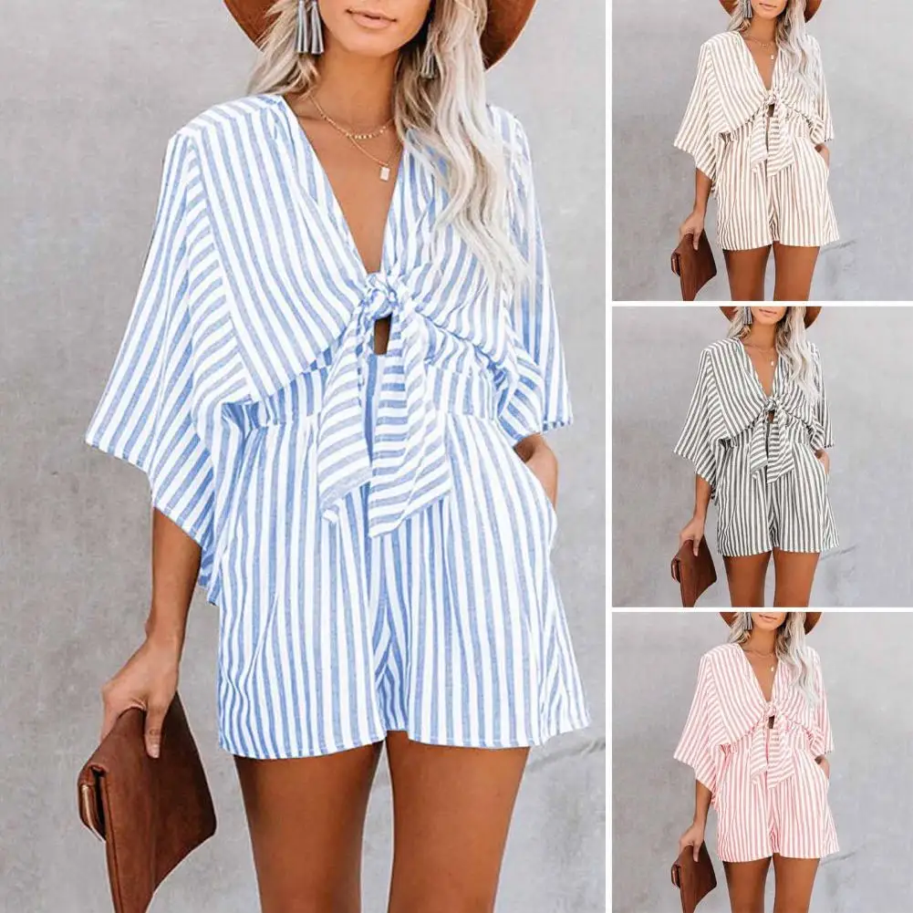 

Women Rompers V-Neck Flared Short Sleeves Summer Jumpsuit Vertical Stripes Low-Waist Casual Outfits Office Ladies Bodysuit