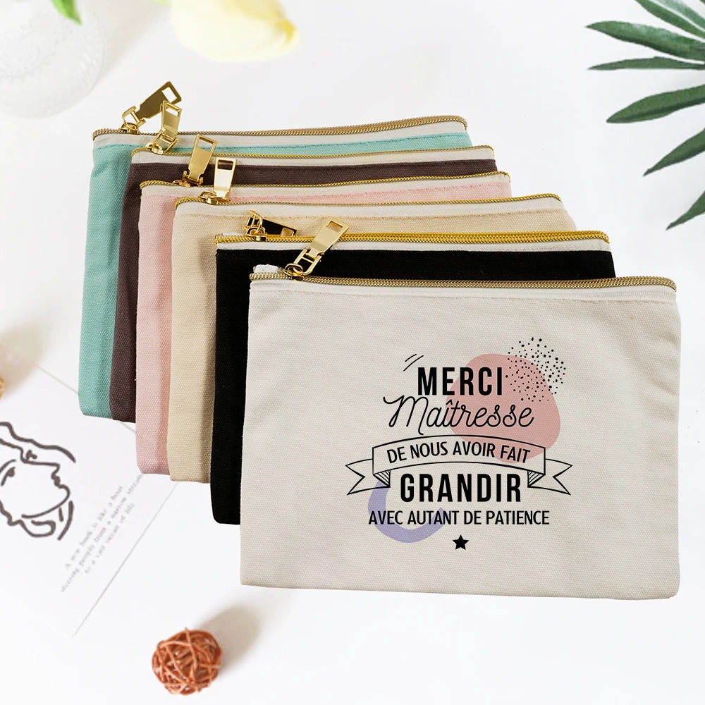 

Merci Maîtresse Print Makeup Bag White Canvas Cosmetic Cases Fashion Makeup Zipper Pouch Female Handbag Organizer Toiletry Pouch