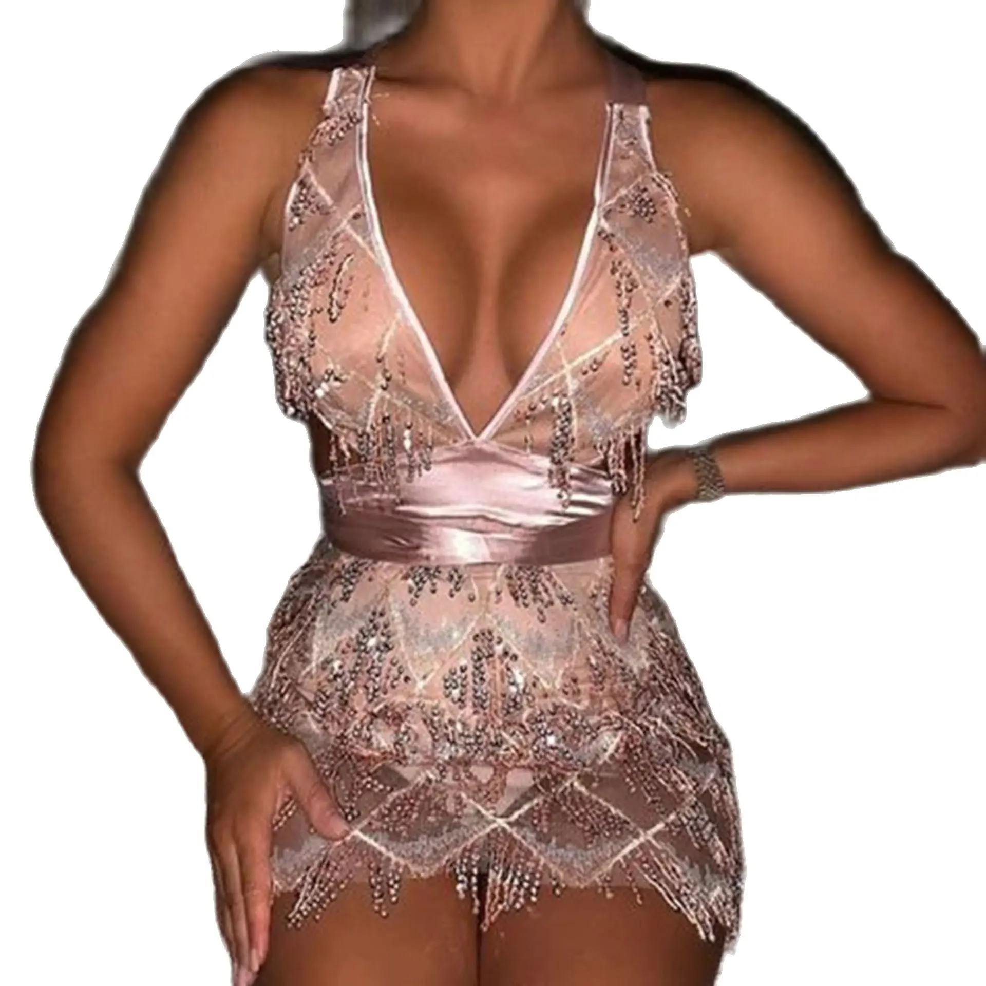 

Женское мини-платье с открытой спиной, V-образным вырезом и блестками