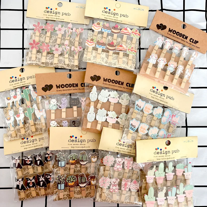 

10pcs Cartoon Cat Dog Alpaca cactus Wooden Clips Photo Paper Clothespin Craft Clips Party Home Decoration Clip With Hemp Rope