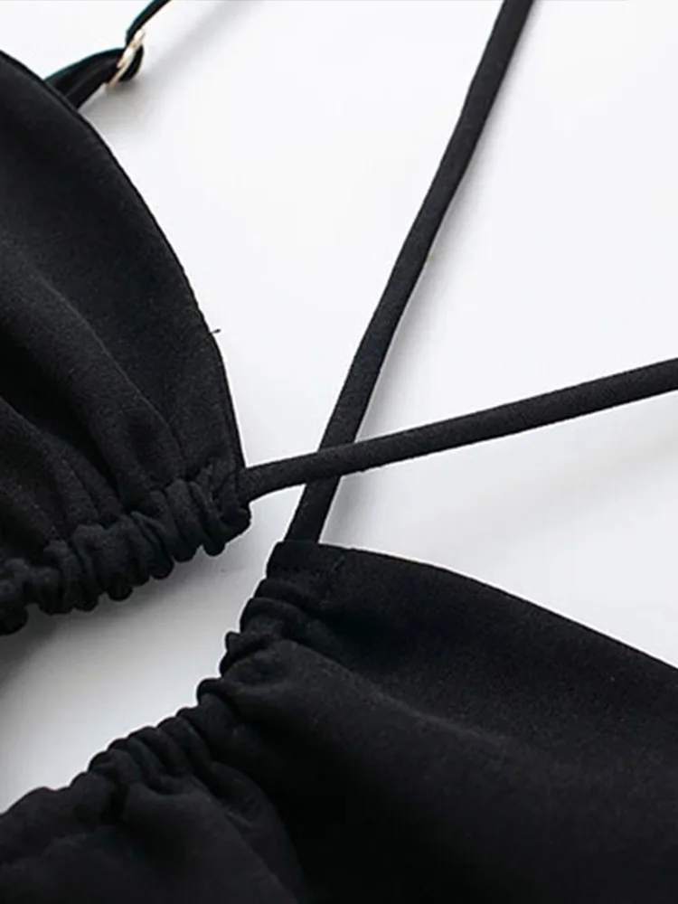 Женское сексуальное ажурное платье на бретельках элегантное однотонное черное