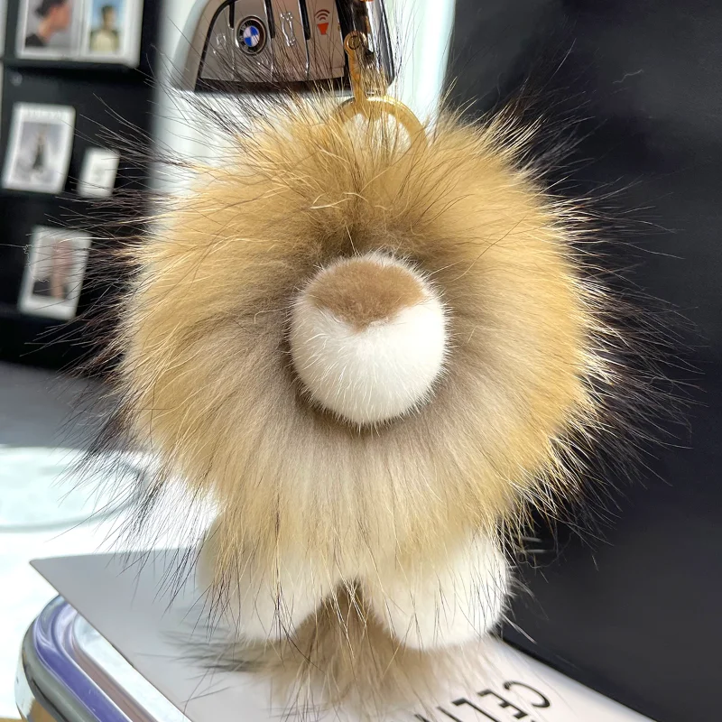 Lion Natural Mink Real Fur Handmade Cute Key Chain Bag Accessory Car Keychain Keyrings Gift for Women Girl Accessories