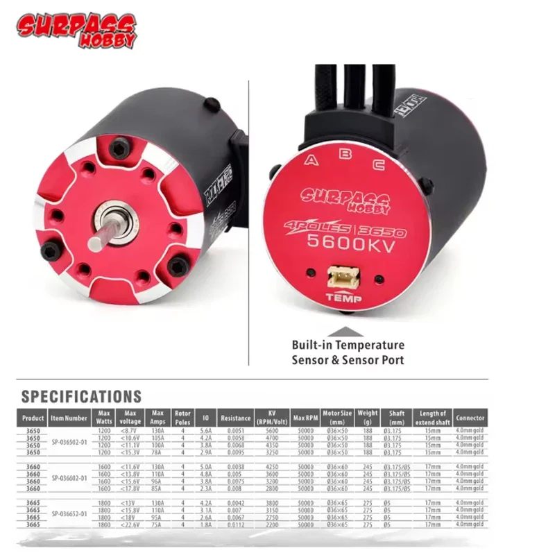 Фото SURPASS HOBBY ROCKET-V2 3660 3665 4 Poles Brushless Motor and 60A 90A ESC Combo For 1/8 1/10 Tamiya Traxxas RC Racing №1