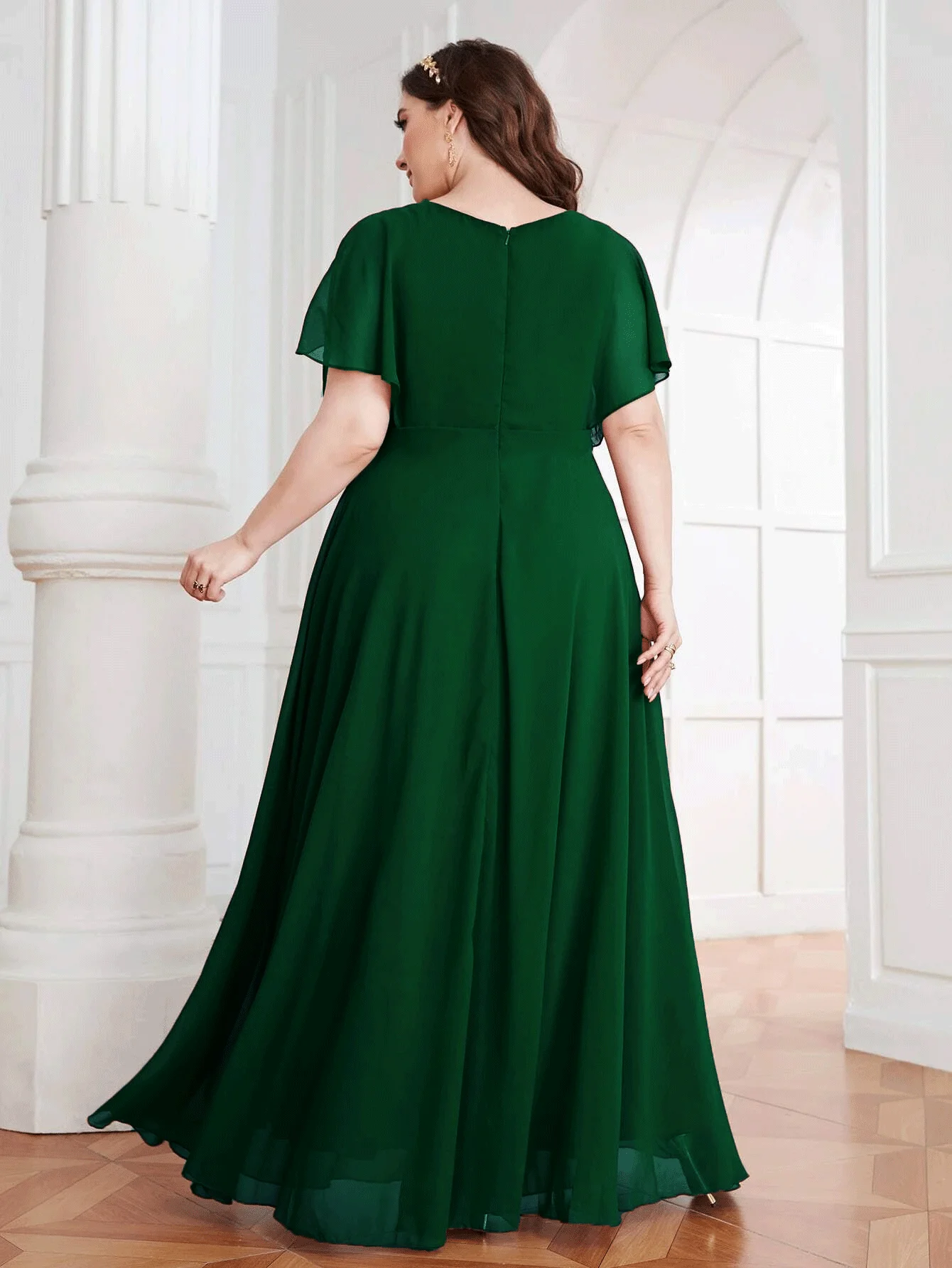 Plus Size Women Summer Chiffon Round Neck Luxury Dress 4XL5XL Fashion Rose Red Slim Lotus Leaf Hem Plus Size Evening Dresses