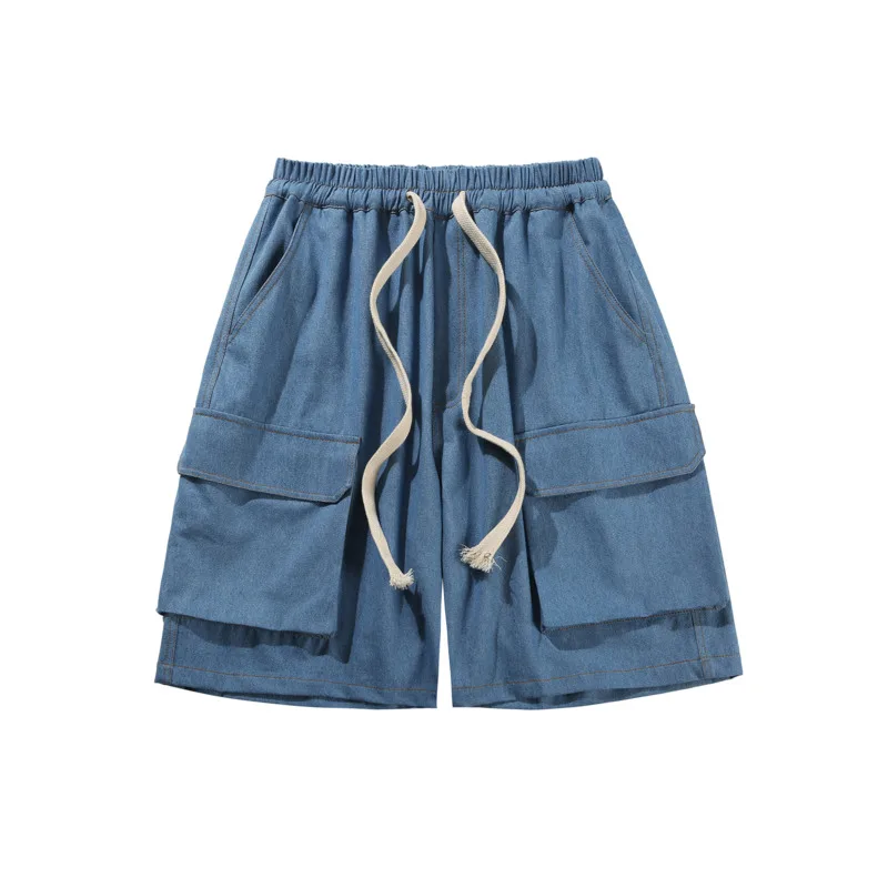 Summer Cargo Denim Shorts Men Fashion Pocket Denim Shorts Men Japanese Streetwear Hip-hop Loose Straight Jeans Shorts Men M-2XL