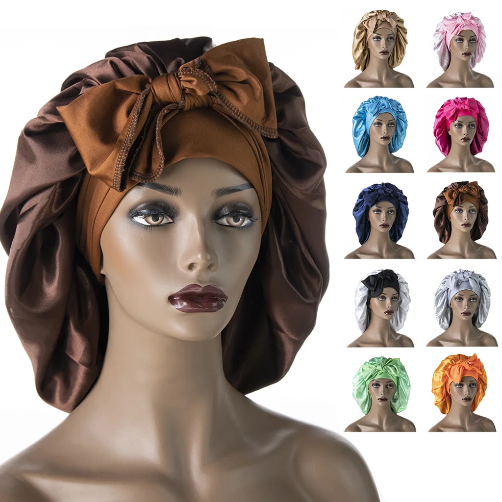

New Single Layer Satin Bonnet with Stretch Tied Band Silk Turban Night Sleep Cap for Women Long Hair Care Shower Head Wrap Cover