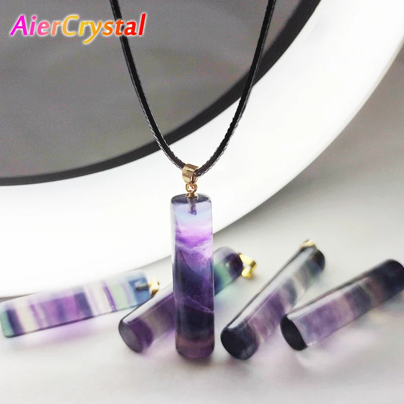 

Natural Fluorite Crystal Pendant Fashion Colorful Striped Energy Jewelry Healing Cylindrical Necklace with Black Wax Rope