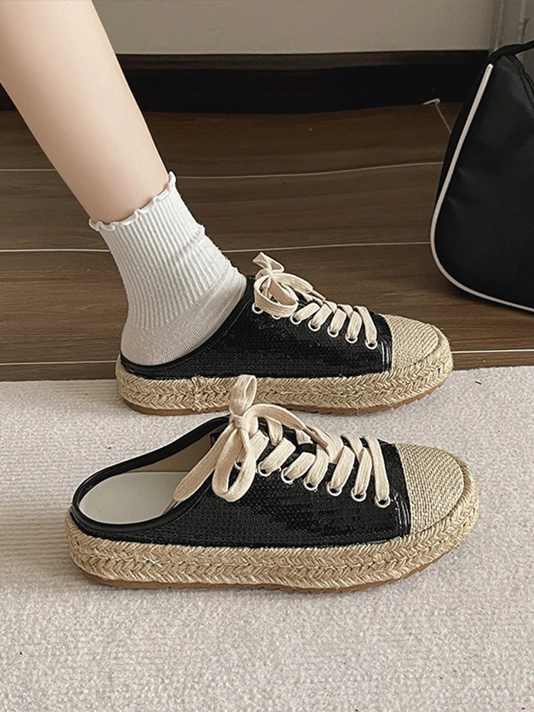 

Med Female Shoes Cover Toe Womens Slippers Outdoor Slides Platform 2023 Summer Flat Bling Rubber Cross-tied Hemp Fabric Fisherma