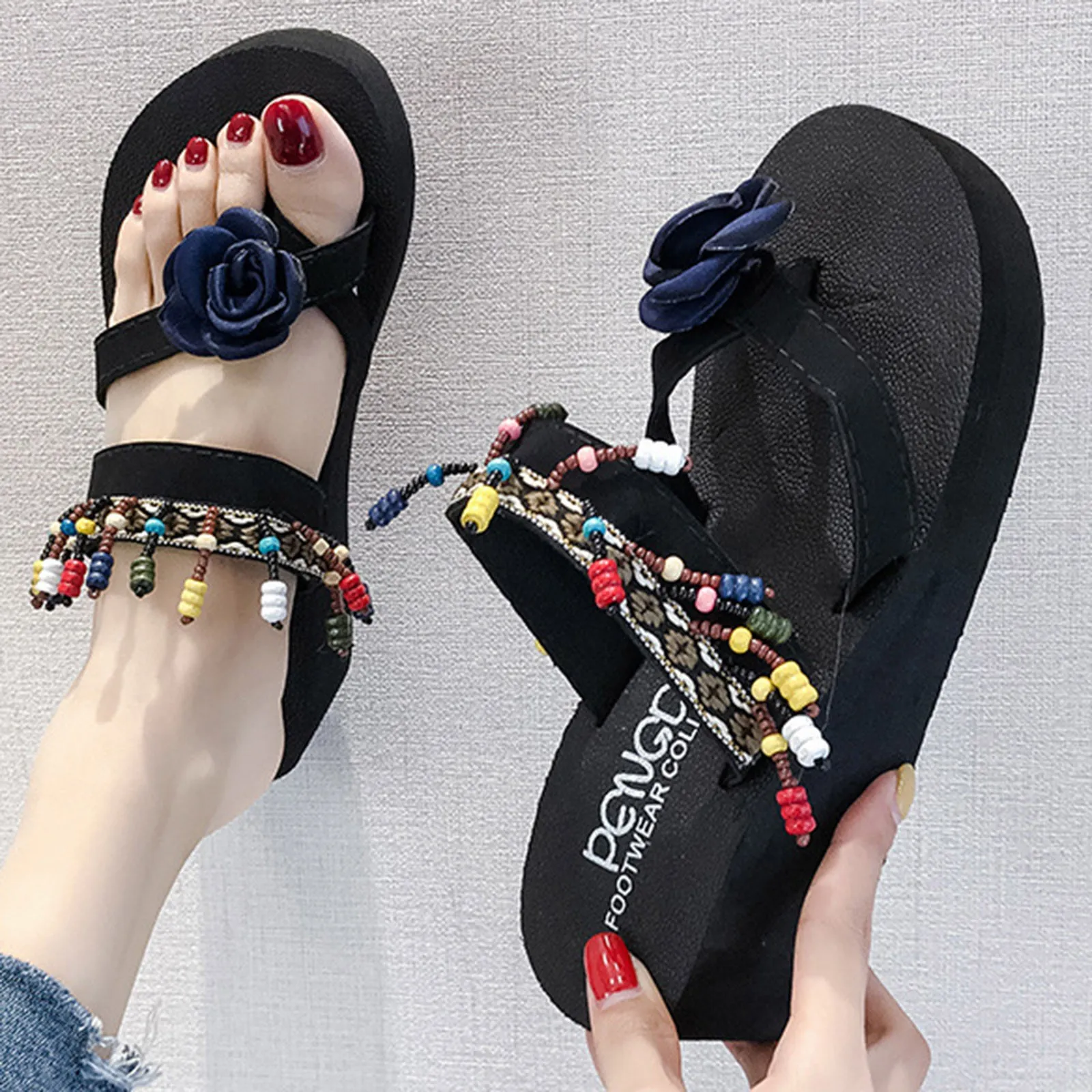 

Босоножки женские в этническом стиле, танкетка на платформе, танкетка с памятью формы, кулон из пены с бусинами, летние сандалии