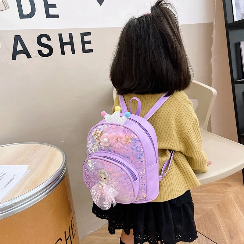 Children Anime Princess Small Backpacks In Kindergarten New Girls Sweet Sequin PU Flower Shoulder Bags with Pearl Drop Shipping