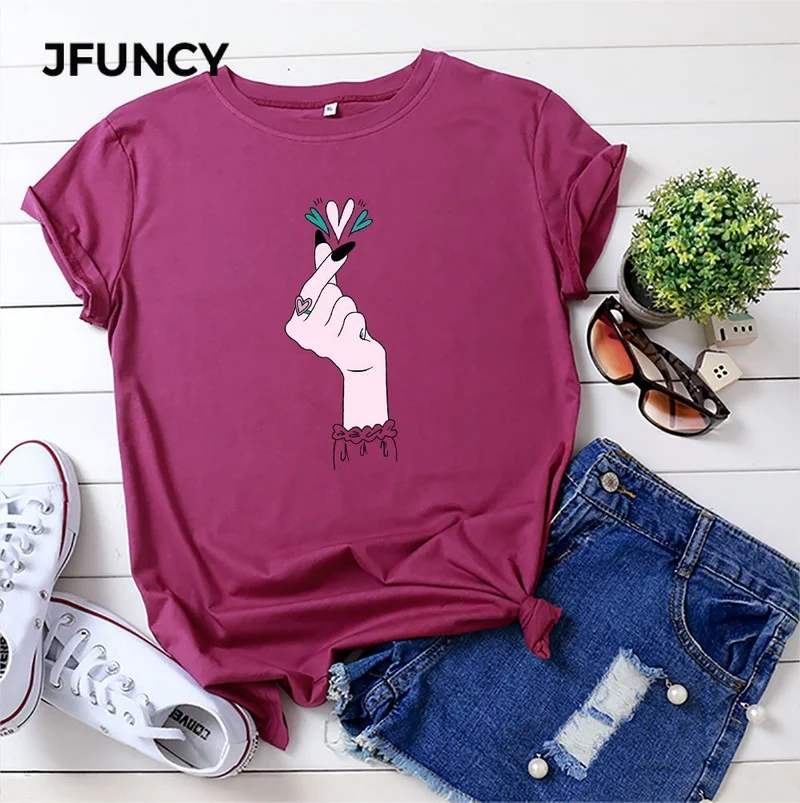 JFUNCY Women Summer T Shirt  5XL Fashion Print T-Shirt Woman Loose Tshirt 100% Cotton Short Sleeve Lady Tee Tops