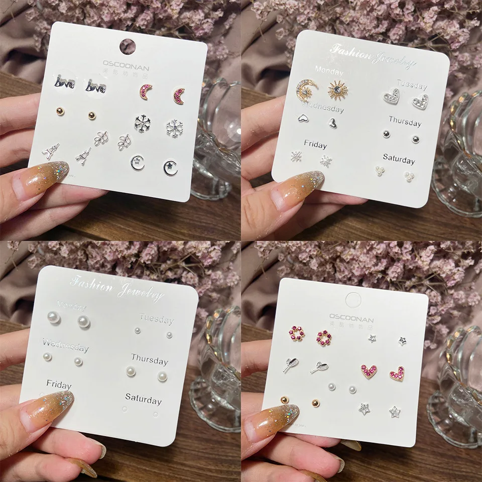 

7Pairs/Set Crystal Heart Leaves Stud Earrings For Women Charm Rhinestone Small Pearl Earrings Set Jewelry Girls Gifts Brincos
