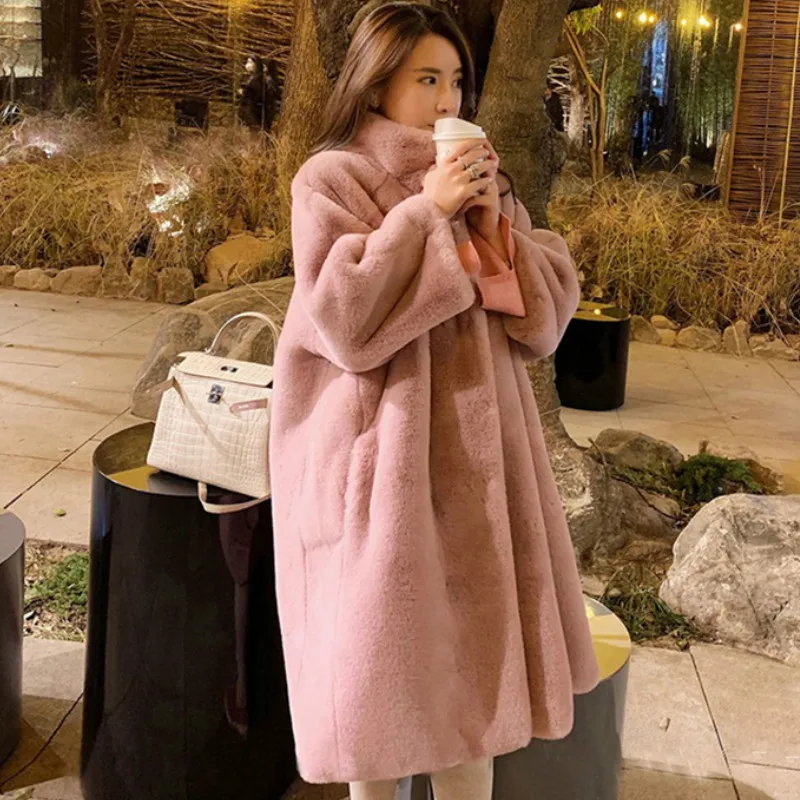 Warm Ladies Luxury Thicken Oversize FemaleTeddy Coat Mid Long Winter Women Mink Fur Loose Coats Plush Jacket Outwear Black Pink