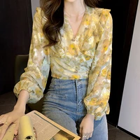 yellow flower chiffon shirt womens 2022 spring and summer new french lace short ruffled gentle wind super fairy top