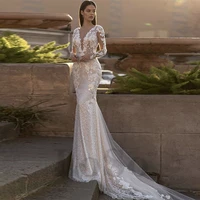 vintage mermaid wedding dress v neck crystal exquisite appliques beading long sleeve elegant glitter vestido de novia women