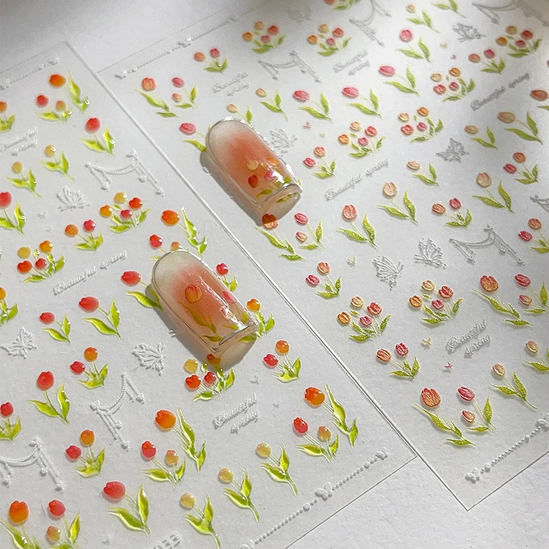 Фото 1 Sheet Relief Elegant Tulip Nail Art Stickers Kawaii Flower Adhesive Nail Decorations Decals DIY Manicure Accessories №2