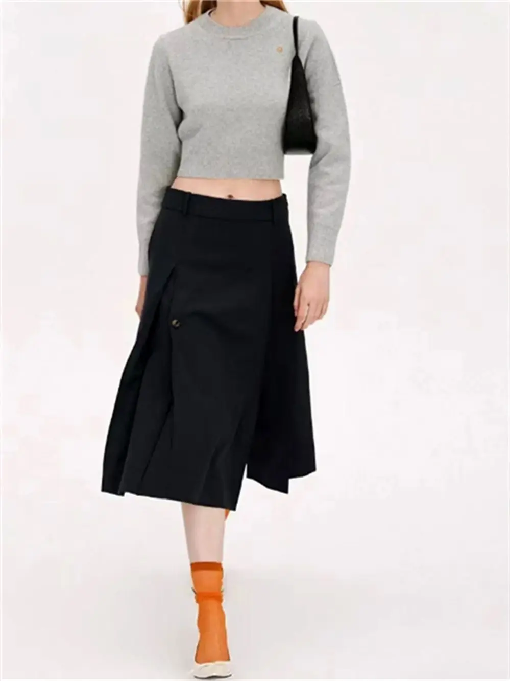 

2022 Winter New Women A-Line Irregular Pleated Zipper Skirt Ladies All-Match Preppy Style Jupe with Button Temperament