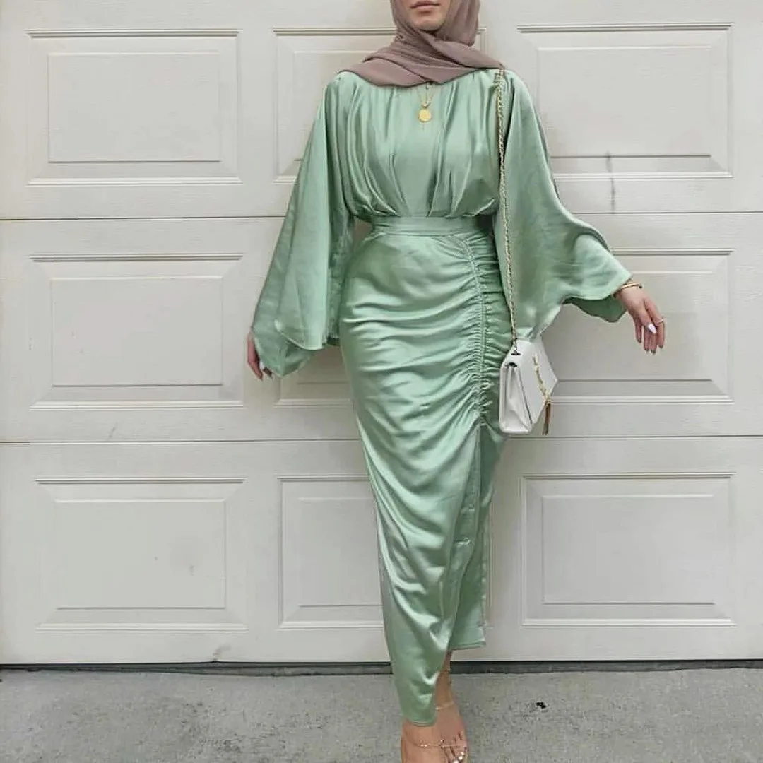 Мусульманское платье, женское платье 2022, мягкое атласное женское платье Дубая с регулируемой талией и шнуровкой