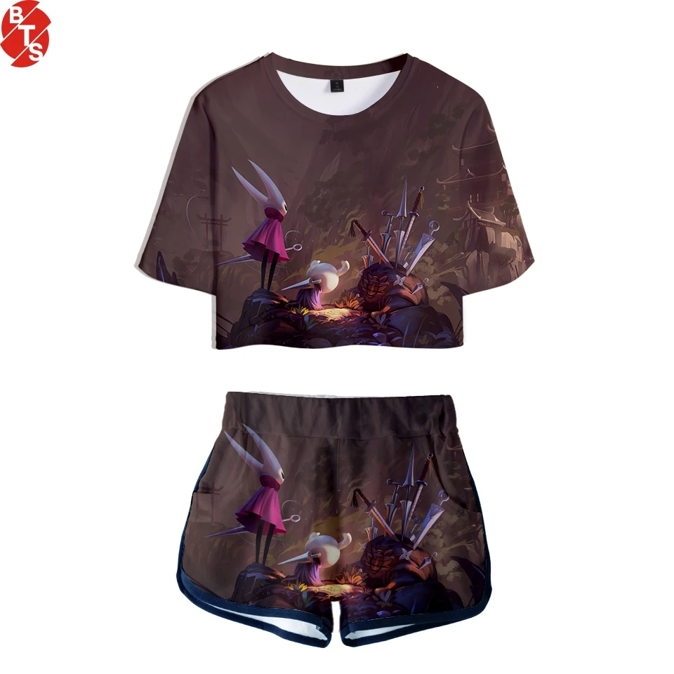 

3D Summer Hollow Knight Women Two Piece Sets cool Summer Short Sleeve Crop Tops+Shorts soft girls Streetwear Sexy Tracksuit tops