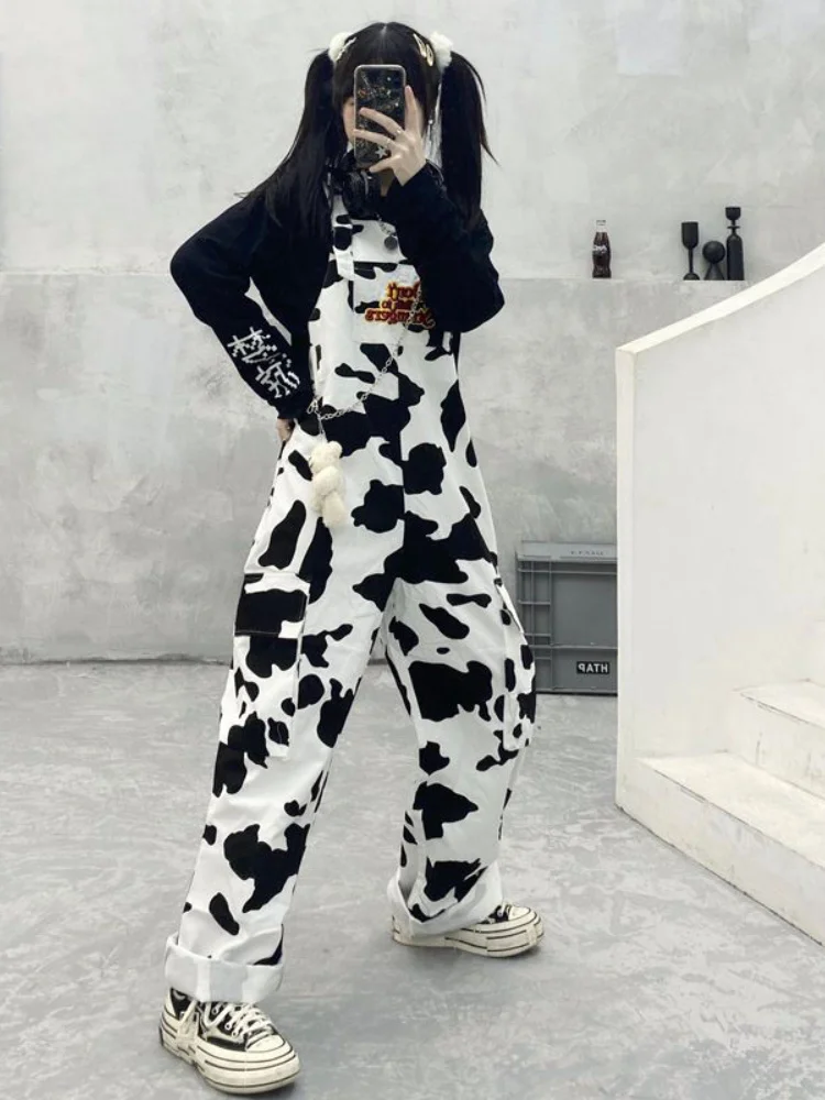 

2023 Hippie Cow Print Jumpsuits Harajuku Cow Patterned Trousers Korean Style Overalls Casual Baggy Wide Leg Pants Spring