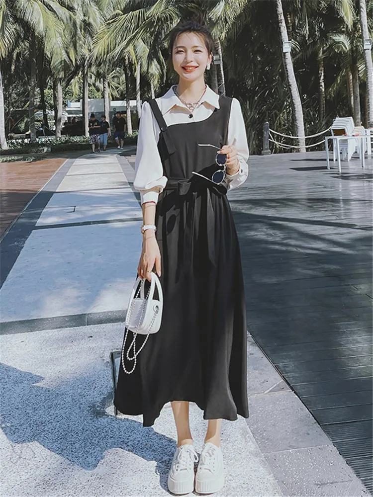 

Elegant Fashion Splice Contrast Color Women Shirt Dress 2022 Spring Autumn Female Long Sleeve Casual Bandage Dresses 3310