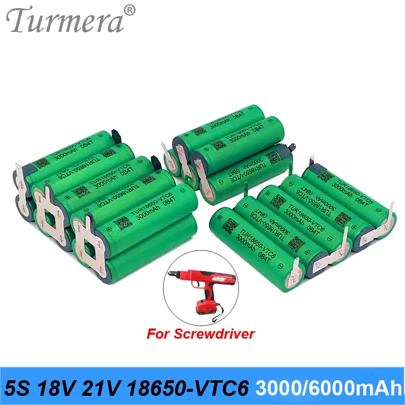 

NEW2023 Turmera 5S 18V 21V 18650 VTC6 3000mAh 6000mAh Lithium Battery 30A Welding Strip for Screwdriver Battery Shurika Shura Cu
