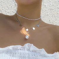 xinsom vintage pearl necklace for women multilayer gold silver color sequins pendant necklace party wedding fashion jewelry gift