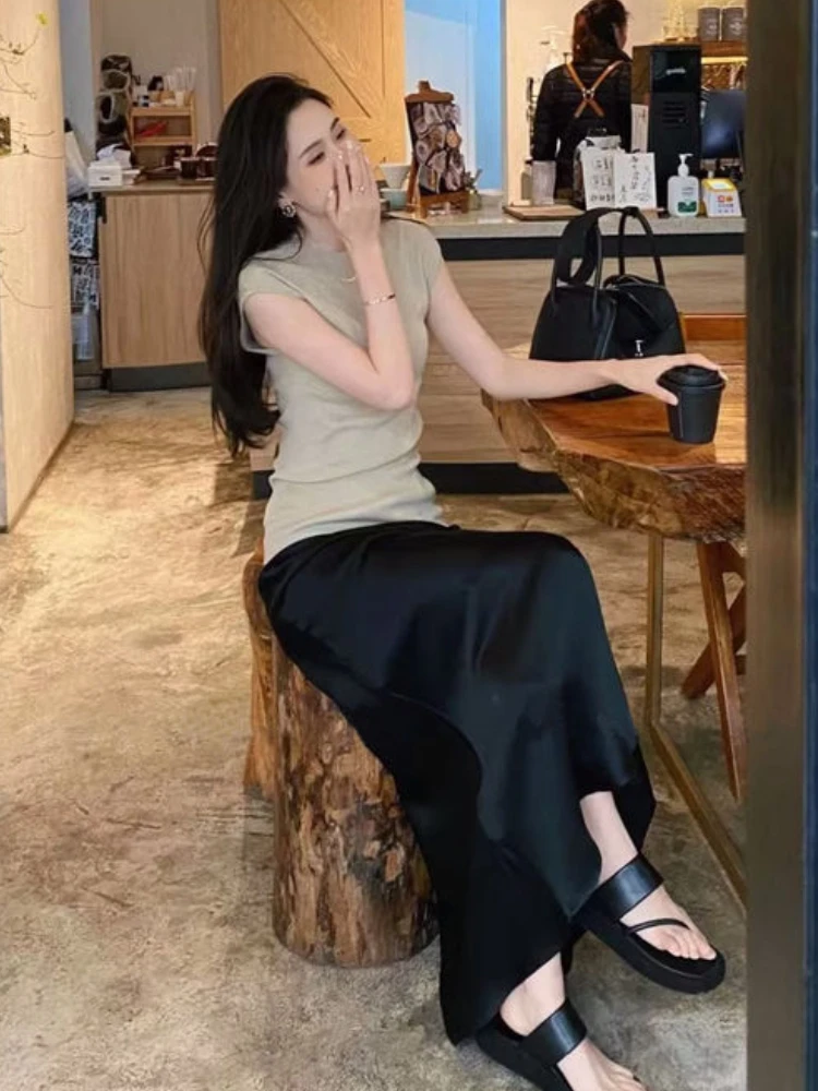 Элегантная черная атласная юбка HOUZHOU женская модная уличная Тонкая шелковая